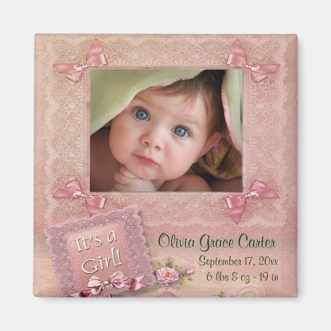 Rosa Flicka Photo Ram Birth Magnets Magnet (Framsidan)