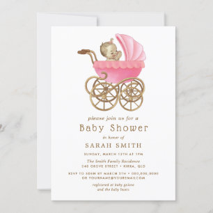 Rosa Flicka Pram Stoller Baby Shower Inbjudningar