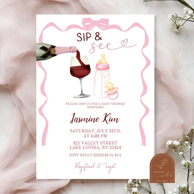 Rosa flicka Sip and See Baby Shower Inbjudan (Skapare uppladdad)