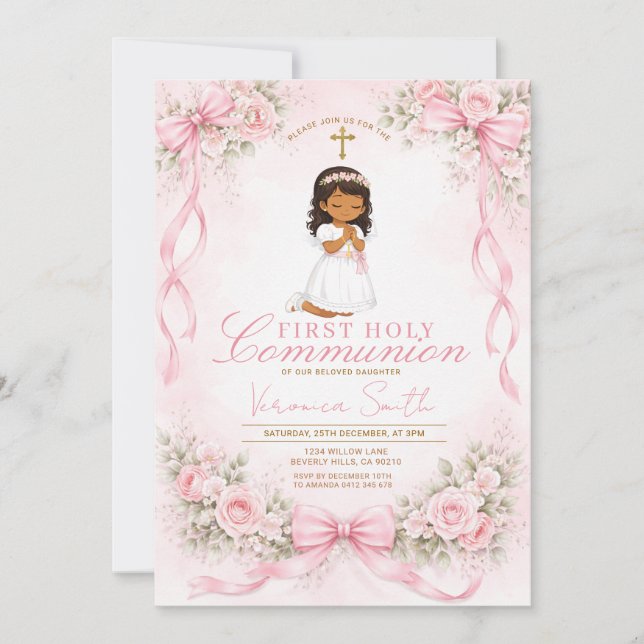  Rosa flicka slinga blommande första heliga kommun Inbjudningar (Framsida)