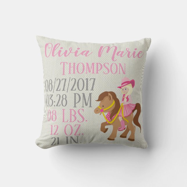 Rosa flicka som rider western hästponnyfödelse kudde (Framsida)