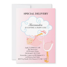 Rosa Flicka Stork Baby Shower-inbjudan
