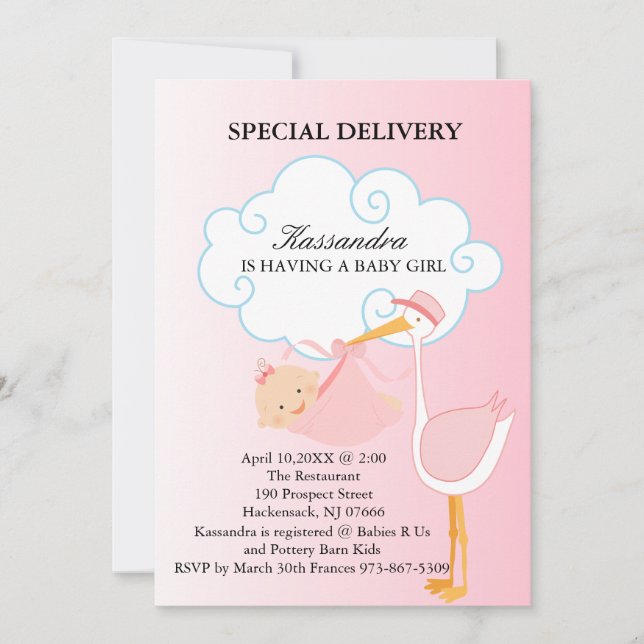 Rosa Flicka Stork Baby Shower-inbjudan Inbjudningar (Framsida)