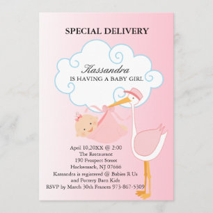 Rosa Flicka Stork Baby Shower-inbjudan Inbjudningar