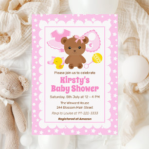 Rosa flicka Teddybjörn kläder baby shower Inbjudningar