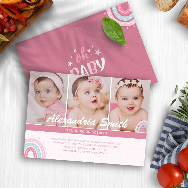  Rosa Flicka Uppgift om första födelsedag Foto Inbjudningar (Cute Baby Girl Pink Boho Onederful 1st Birthday Invitation
)