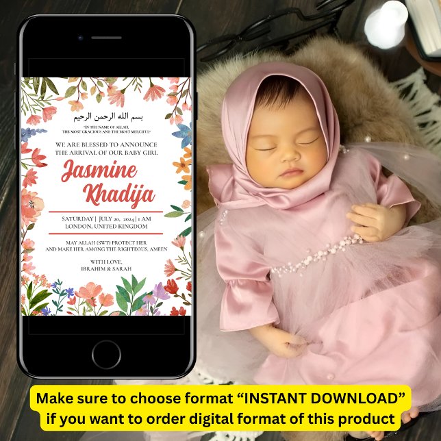 Rosa Flicka Wildblommuslim Birth Announcemen Inbjudningar (Skapare uppladdad)