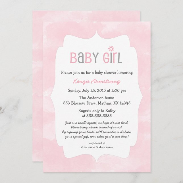 Rosa flickababy shower för vattenfärg + komma med inbjudningar (Fram/baksida)