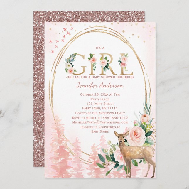 Rosa flickadusch för skogsmark inbjudningar (Fram/baksida)