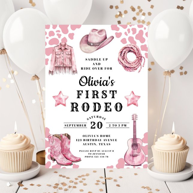 Rosa flickas första rodeo 1-årsdag inbjudningar (Pink Girl's First Rodeo 1st Birthday Invitation)