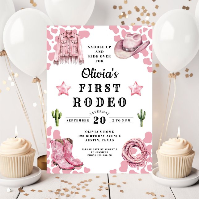 Rosa flickas första rodeo 1-årsdag inbjudningar (Pink Girl's First Rodeo 1st Birthday Invitation)