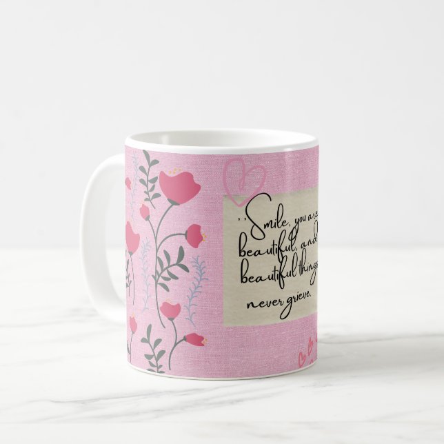 Rosa flickig blomkrukig mugg | "Le smile du är vac (Framsida vänster)