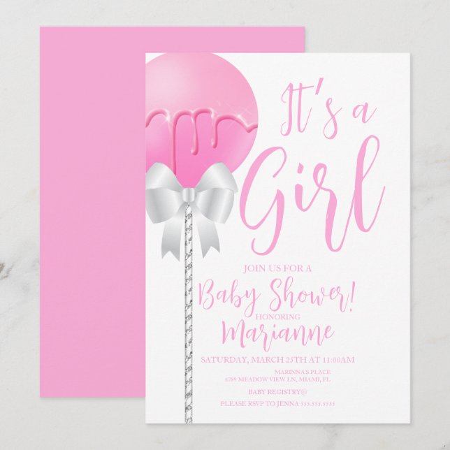 Rosa flickig Cake Pop-sluss Baby Shower    Inbjudningar (Fram/baksida)