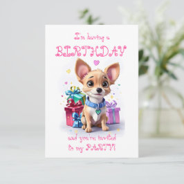 Rosa flickig Chihuahua-födelsedagsfest Inbjudningar