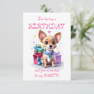 Rosa flickig Chihuahua-födelsedagsfest  Inbjudningar