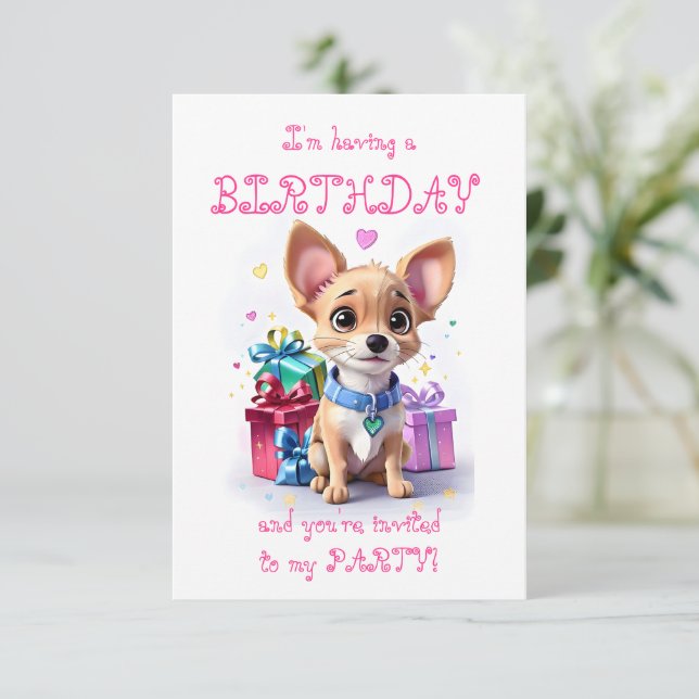 Rosa flickig Chihuahua-födelsedagsfest  Inbjudningar (Stående Fram)