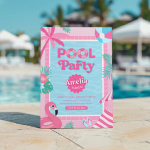 Rosa flickig tropisk poolparty-inbjudan inbjudningar