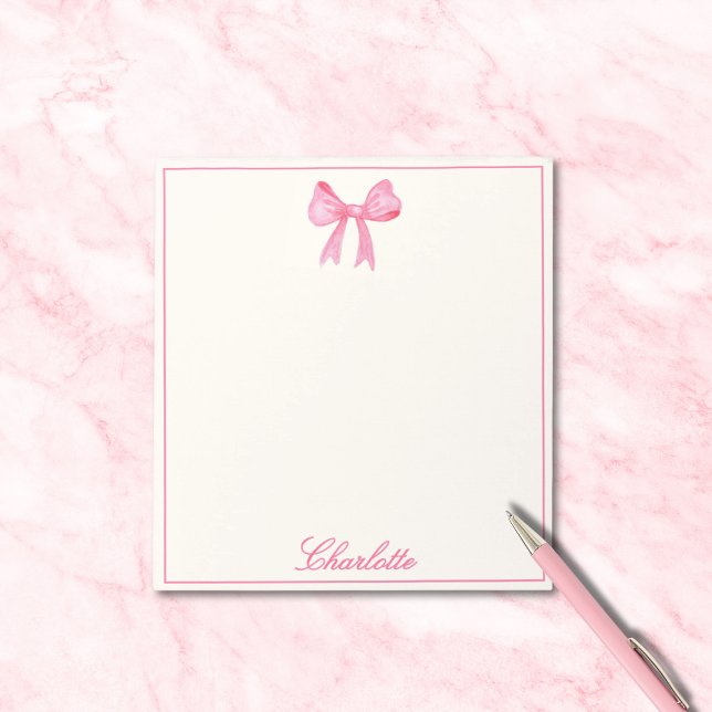 Rosa flickigt band anteckningsblock (cute sweet pink girly coquette bow notepad, custom name in calligraphy script, stationery for her)