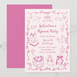 Rosa flickigt handritat Galentine-sömnpajamasparty Inbjudningar