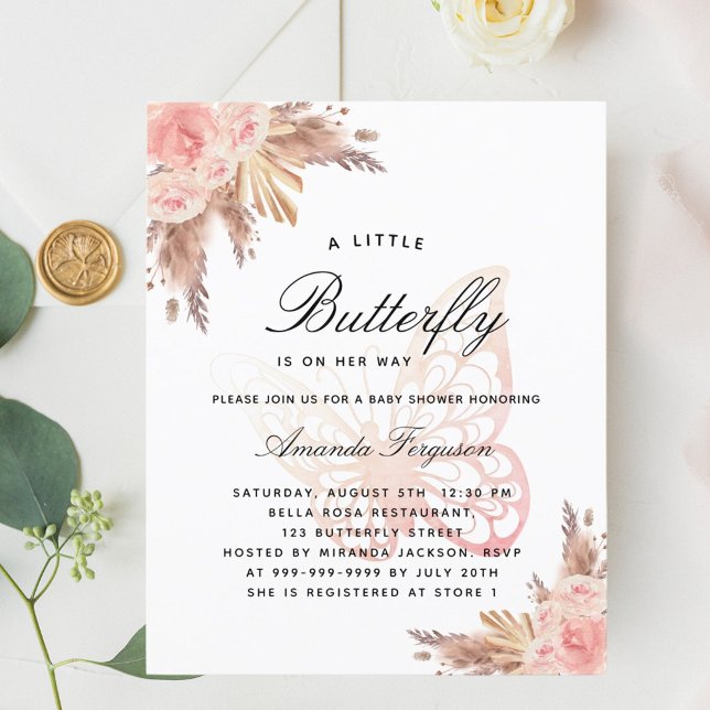 Rosa Flickor-pampas-inbjudan för babydusch-fjäril (Skapare uppladdad)