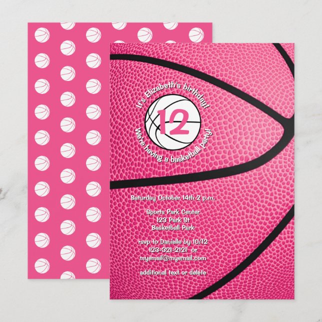 rosa flickor party basketboll inbjudningar (Fram/baksida)