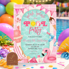 Rosa flickor poolparty födelsedagsinbjudan inbjudningar