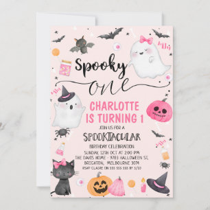 Rosa flickor spökaktig Halloween 1-års födelsedag Inbjudningar