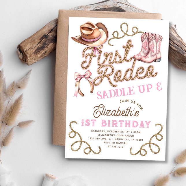 Rosa flickors första Rodeo 1-årsdag Inbjudningar (Pink Girls First Rodeo 1st Birthday Invitation)