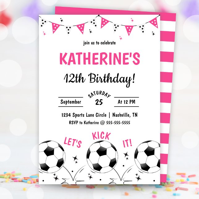 Rosa flickors fotbollsfest födelsedagsinbjudan inbjudningar (Pink Girls Soccer Party Birthday Invitation)