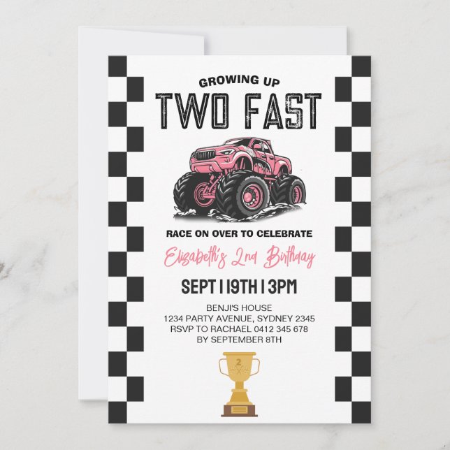 Rosa flickors monstertruck 2-års födelsedagsfest inbjudningar (Framsida)