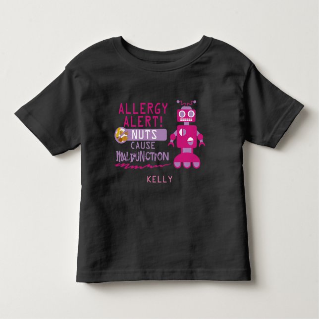 Rosa Flickors Robot Nötter Allergi Varning T-shirt (Framsida)