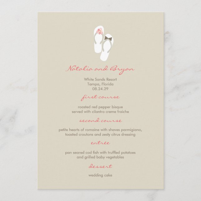 Rosa Flinflip flops Beach Wedding Menu Card Meny (Framsida)