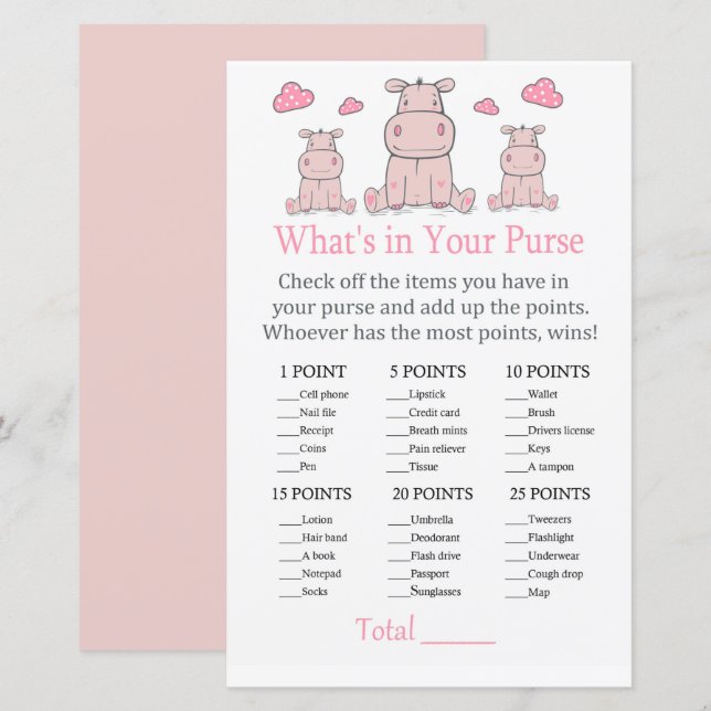 Rosa flodhäst Vad finns i din handväska spel (Fram/baksida)