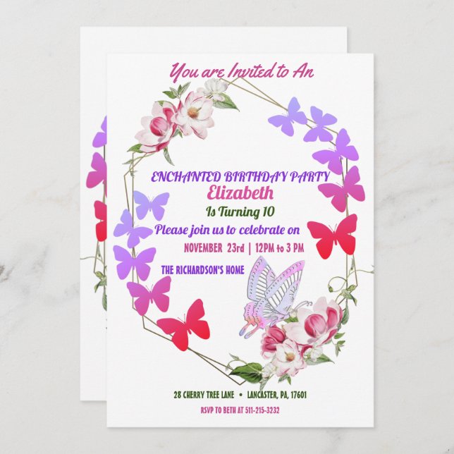 Rosa Flora Lila Butterflies Barn Födelsedagsfest Inbjudningar (Fram/baksida)