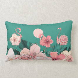 Rosa Florida Flamingos Tropical Flowers on Teal Lumbarkudde