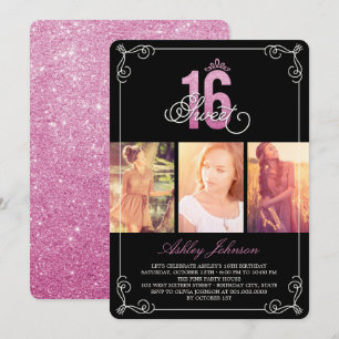 Rosa Flourish Glam Sweet 16 Photo Födelsedagsfest Inbjudningar