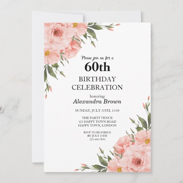 Rosa Flower 60 Birthday Photo Party Inbjudningar (Framsida)
