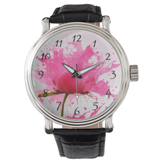 Rosa Flower Abstrakt Paint Splatter Armbandsur (Framsida)