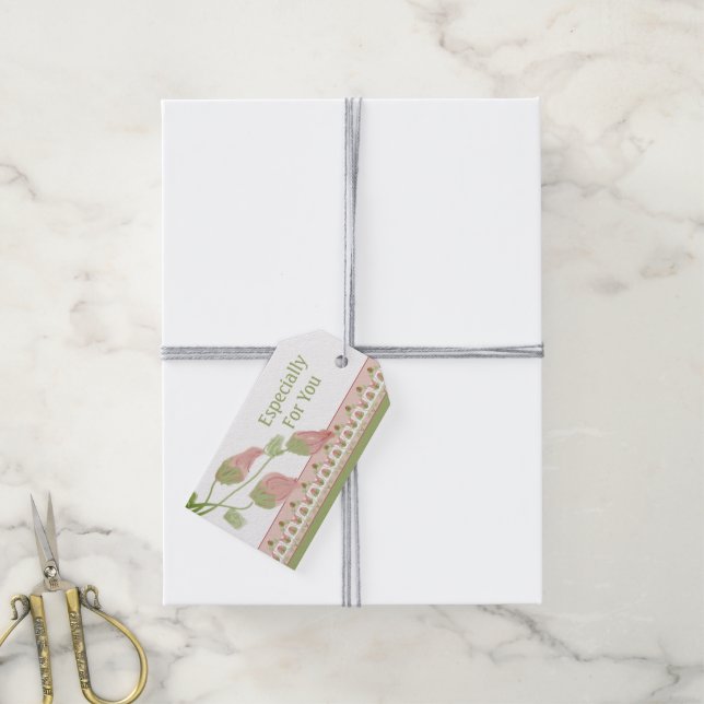 Rosa Flower Accented Vänta Presentetikett (Med Snöre)