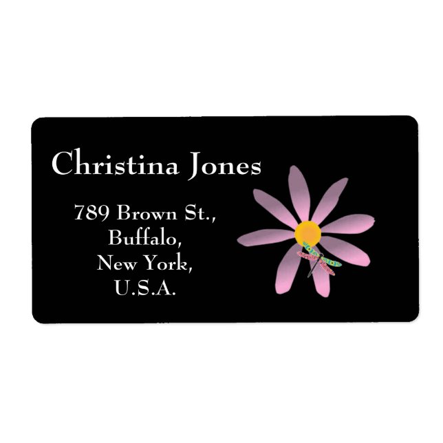 Rosa Flower and Dragonfly-Sticky-etikett Fraktsedel (Framsidan)