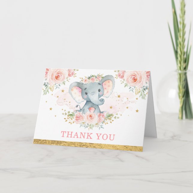  Rosa Flower Baby Elephant Girl Tack Kort (Framsida)