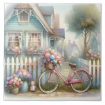 Rosa Flower Bike vid Blue Cottage Grind Kakelplatta<br><div class="desc">Den här drömmande kottagecoretetiska konstverken fångar en pastellblomcykel som vilar av ett vitt betesstaket, omgivet av fluffa blommor i mjuka pinkar och blues. En vintage blå stuga med snöre gardiner och gingerbrödtrim står varmt i bakgrunden, kapslad i en storybook byscen. Viktiga detaljer som en lätt penselräv, blommigt fylld basket och...</div>