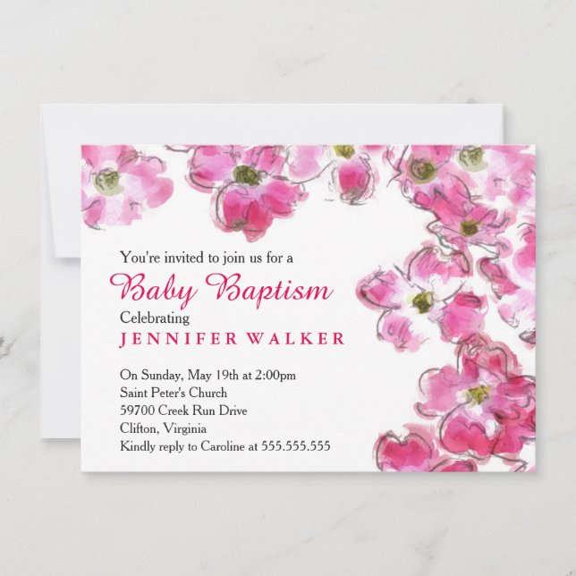 Rosa Flower Blommar Baby Baptism Dedication Inbjudningar (Framsida)
