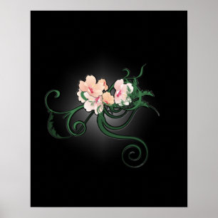 Rosa Flower-Blommar på en svart bakgrund Poster