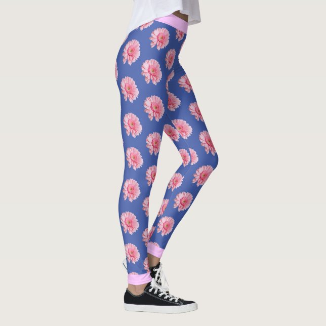 Rosa Flower-Blommönster på BLUE Leggings (Höger)
