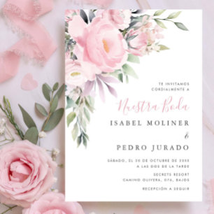 Rosa Flower Bouquet Nuestra Boda Bröllop Spanien Inbjudningar