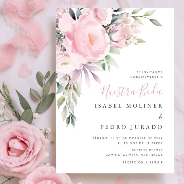 Rosa Flower Bouquet Nuestra Boda Bröllop Spanien Inbjudningar (Skapare uppladdad)