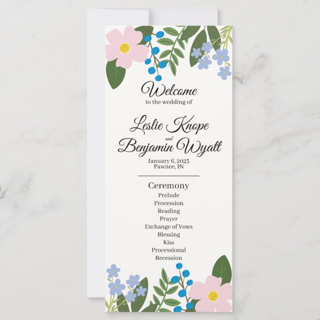 Rosa Flower Bröllopsprogram (Framsida)