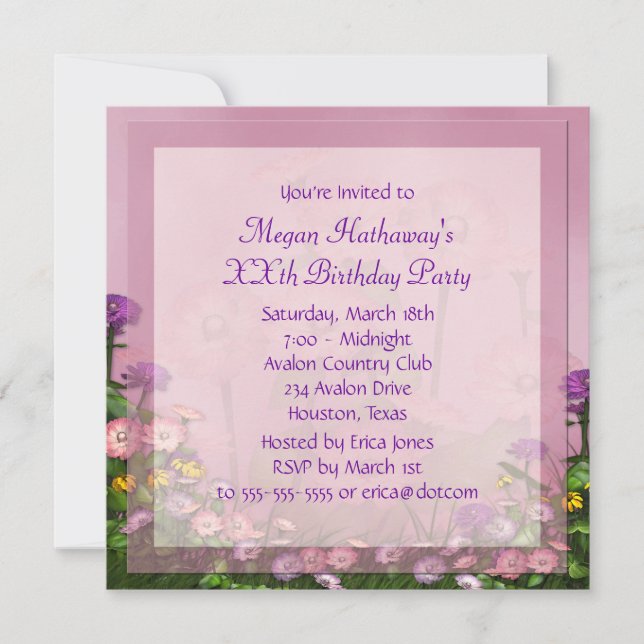Rosa Flower Fält, valfri födelsedagsmall Inbjudningar (Framsida)