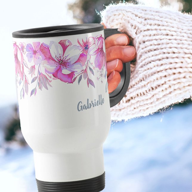 Rosa Flower Gräns och Penselskript Namn Resemugg (Skapare uppladdad)